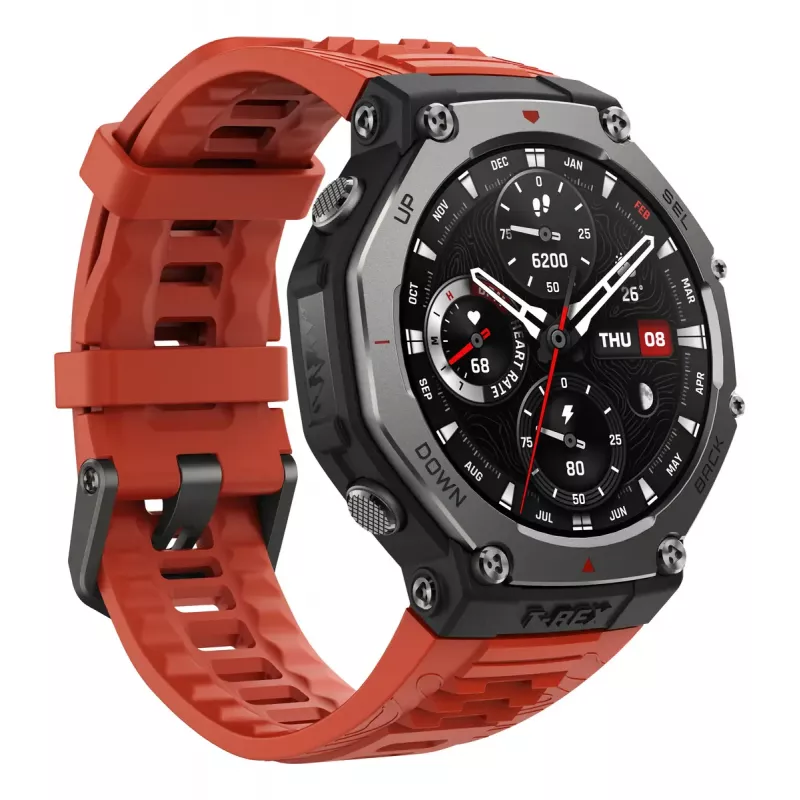 Išmanusis laikrodis Amazfit T-Rex 3 Lava – 1,5 col. AMOLED, 480×480, GPS, 700 mAh, 32 GB, nerūdijančio plieno korpusas, silikoninis dirželis