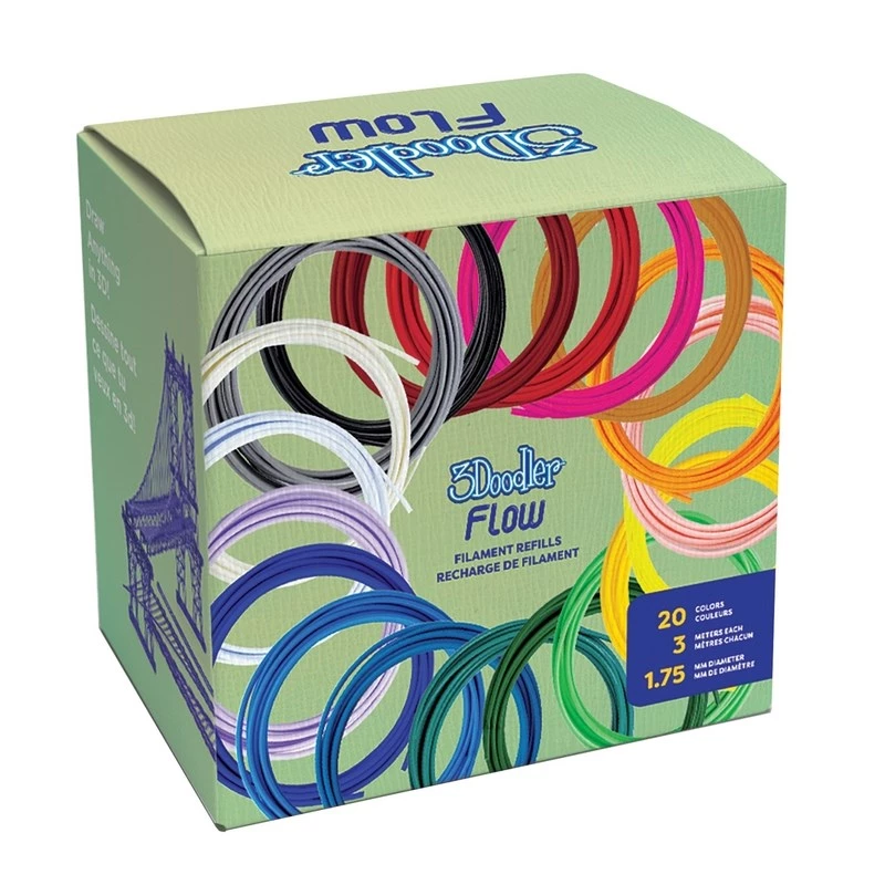 3Doodler FLOW 20 PLA 20 spalvų papildymo pakuotė (juoda, mėlyna, tamsiai žalia, tamsiai rožinė, auksinė, žalia, alyvinė, tamsiai mėlyna, oranžinė, rožinė, permatoma, balta, geltona)