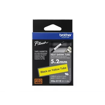 Brother HSe-611E šilumai susitraukiantis vamzdelis, 5,2 mm x 1,5 m, juodas ant geltono