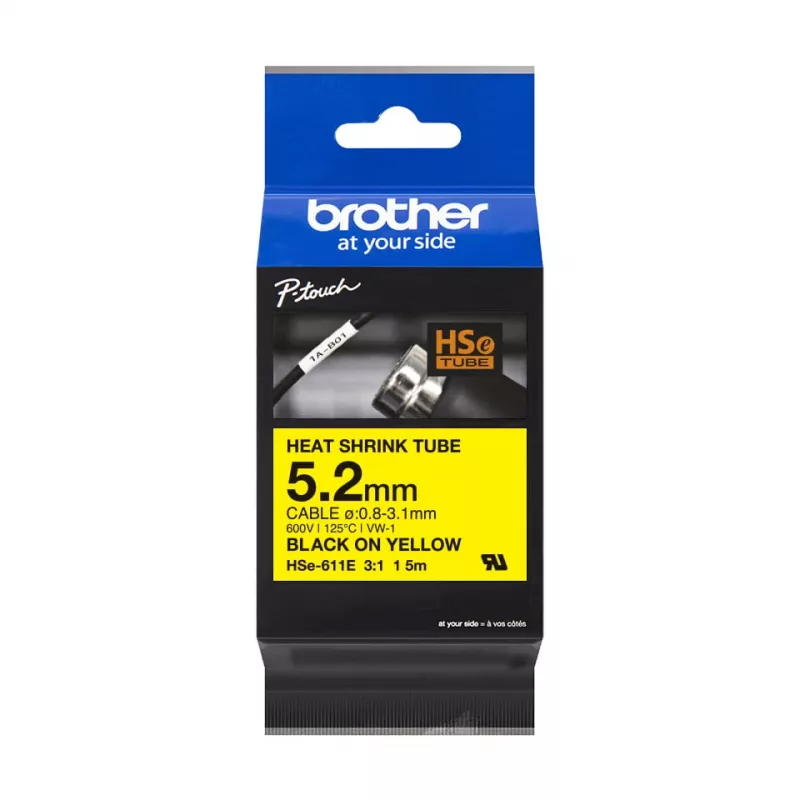 Brother HSe-611E šilumai susitraukiantis vamzdelis, 5,2 mm x 1,5 m, juodas ant geltono
