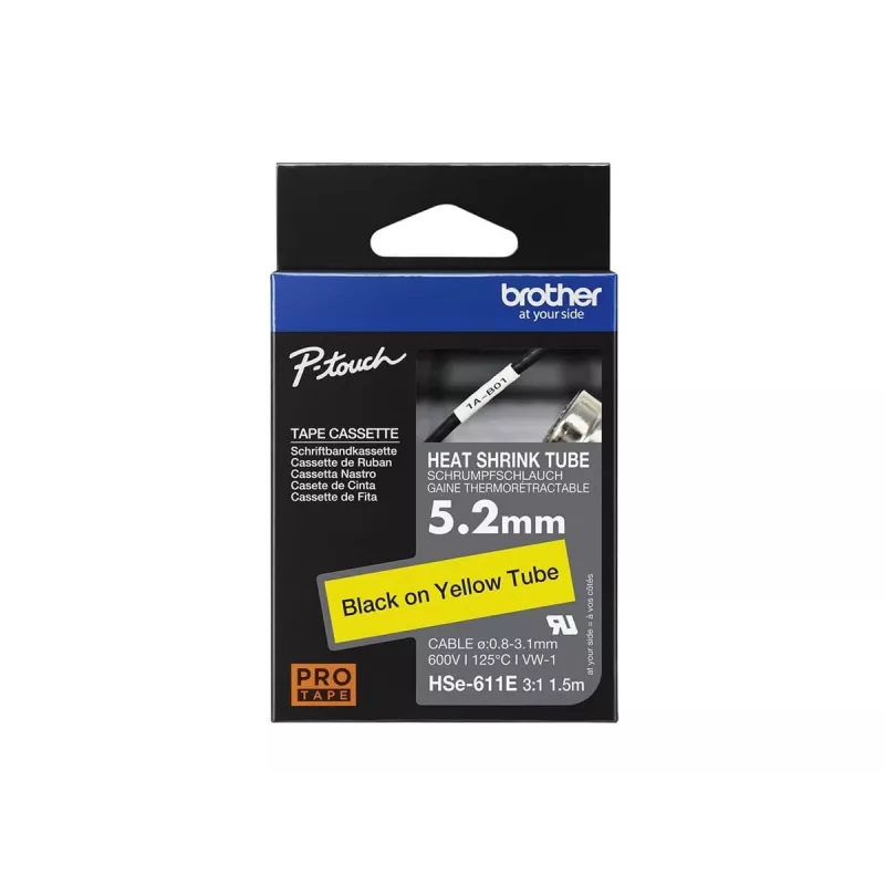Brother HSe-611E šilumai susitraukiantis vamzdelis, 5,2 mm x 1,5 m, juodas ant geltono