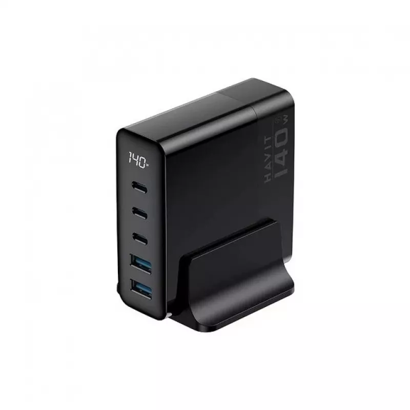 HAVIT Travel Charger UCLE004 EU 140W penkių prievadų GaN įkroviklis juodas