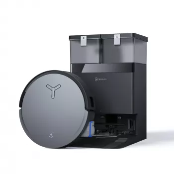 Robotinis dulkių siurblys Ecovacs Deebot X8 Omni — juodas, 5200 mAh baterija, 128 min veikimo laikas, dulkių maišelis 0,22 l, šlapias valymas, automatinė bazinė stotelė