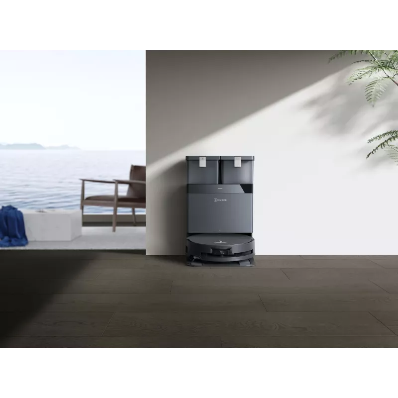Robotinis dulkių siurblys Ecovacs Deebot X8 Omni — juodas, 5200 mAh baterija, 128 min veikimo laikas, dulkių maišelis 0,22 l, šlapias valymas, automatinė bazinė stotelė