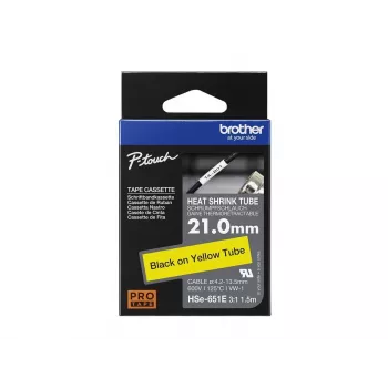Brother HSe-651E šilumai susitraukiantis vamzdelis, 21 mm x 1,5 m, juodas ant geltono