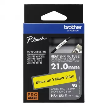 Brother HSe-651E šilumai susitraukiantis vamzdelis, 21 mm x 1,5 m, juodas ant geltono