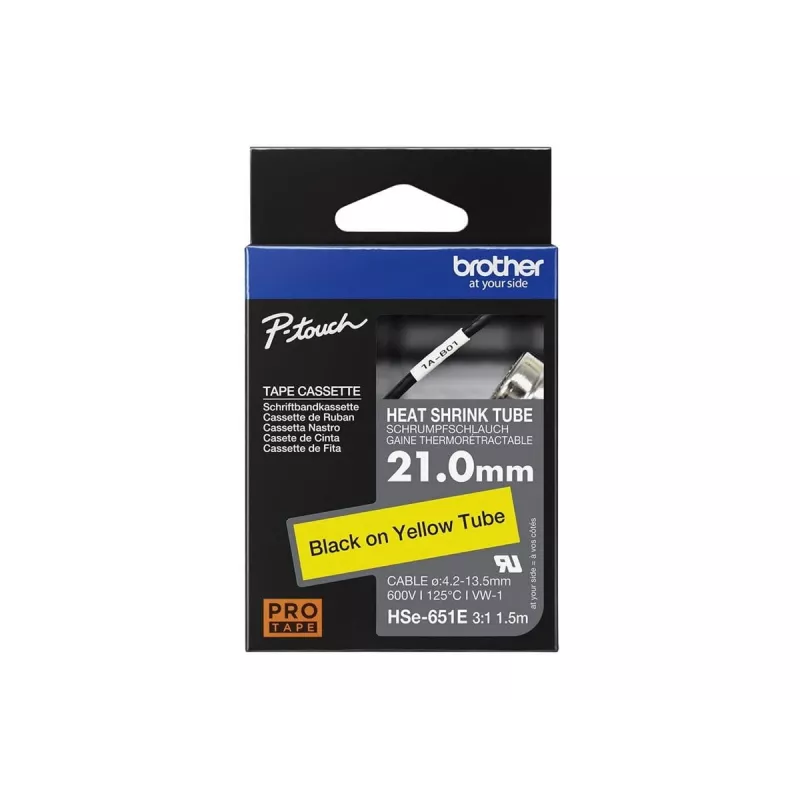 Brother HSe-651E šilumai susitraukiantis vamzdelis, 21 mm x 1,5 m, juodas ant geltono