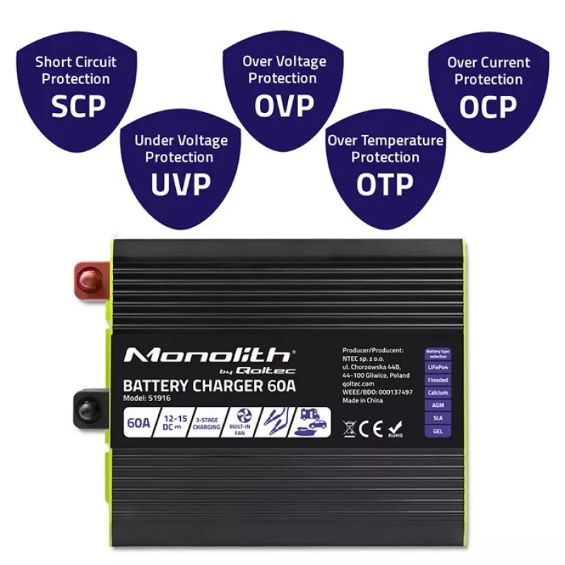 Baterijų įkroviklis QOLTEC 51916 60A 12V, skirtas LiFePO4, AGM, GEL, SLA akumuliatoriams