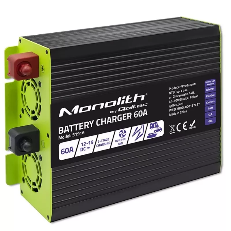 Baterijų įkroviklis QOLTEC 51916 60A 12V, skirtas LiFePO4, AGM, GEL, SLA akumuliatoriams