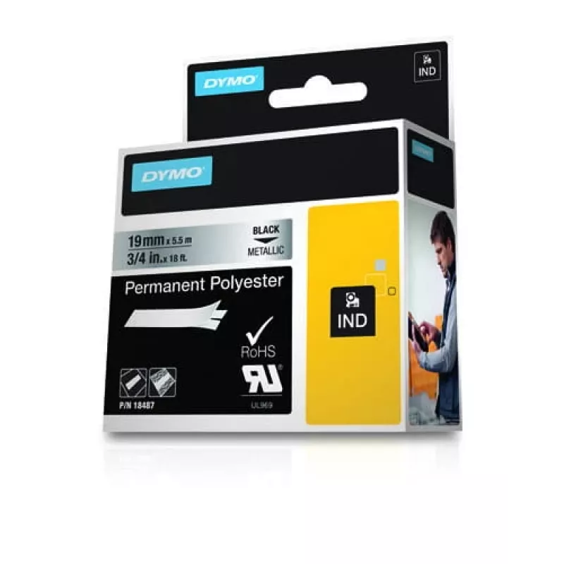 DYMO 19mm RHINO nuolatinis poliesteris - juoda į pilką - D1 - dėžutė (S0718200)