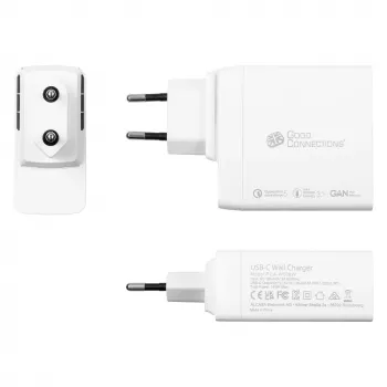 Good Connections GC USB greitasis įkroviklis 140W GaN technologija, 2x USB-C, PD 3.1, QC 5.0, PPS baltas