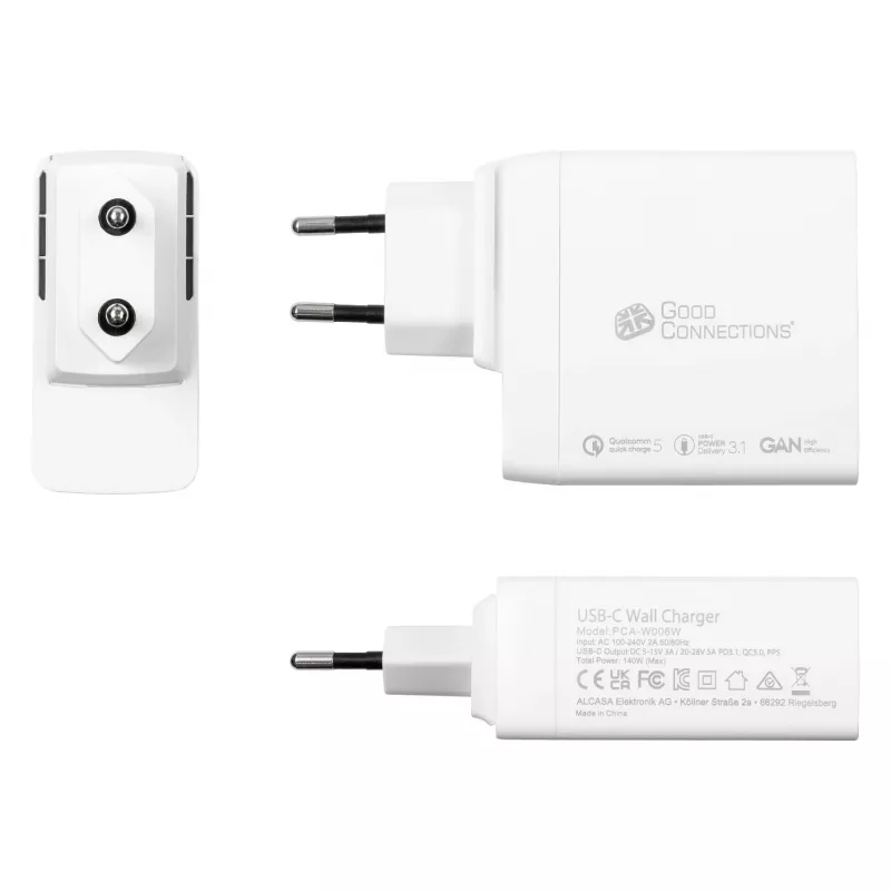 Good Connections GC USB greitasis įkroviklis 140W GaN technologija, 2x USB-C, PD 3.1, QC 5.0, PPS baltas