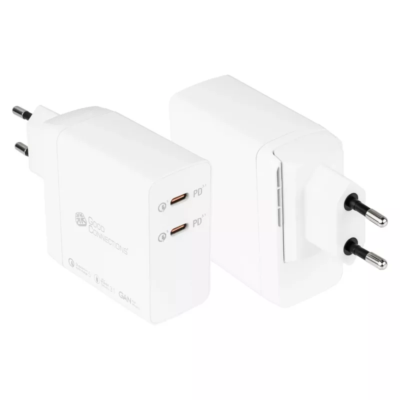 Good Connections GC USB greitasis įkroviklis 140W GaN technologija, 2x USB-C, PD 3.1, QC 5.0, PPS baltas