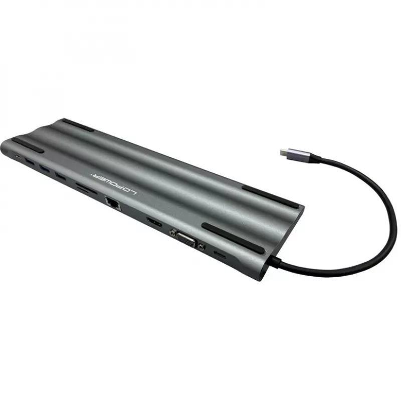 LC-Power LC-HUB-C-MULTI-8 USB-C stotelė su 3xUSB-A/2xUSB-C/HDMI/VGA/MicroSD/SD/RJ45/Garsu