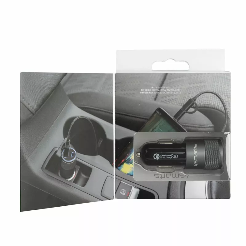 4smarts Rapid+ automobilinis maitinimo šaltinis - 27 W - 3 A - QC 3.0, PD - 2 išvesties prievadai (USB, 24 kaiščių USB-C)