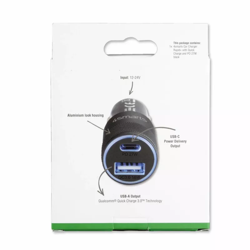 4smarts Rapid+ automobilinis maitinimo šaltinis - 27 W - 3 A - QC 3.0, PD - 2 išvesties prievadai (USB, 24 kaiščių USB-C)