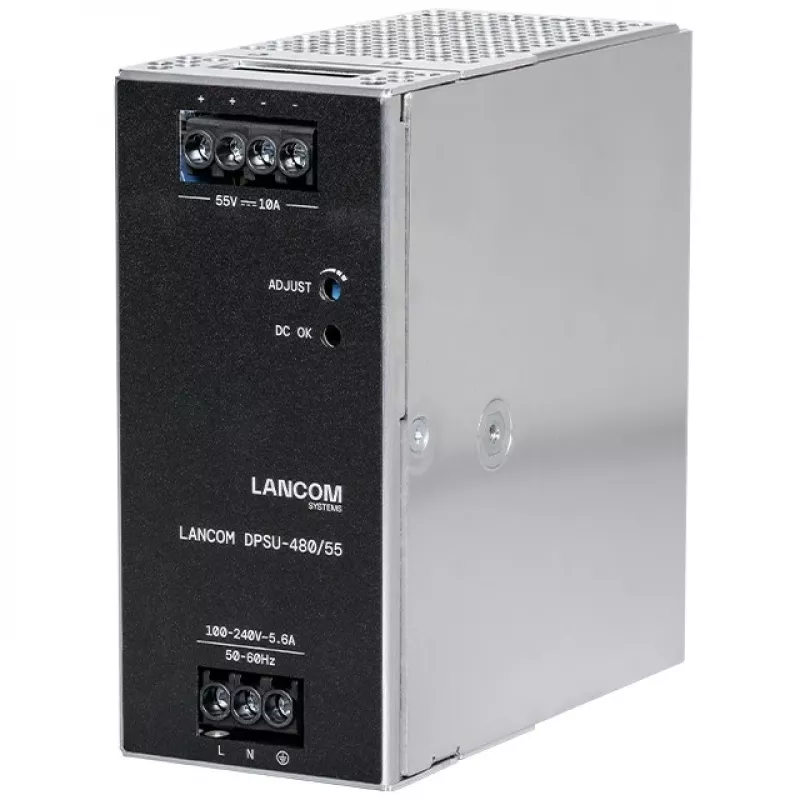Maitinimo blokas LANCOM DPSU-480/55 — 480 W, AC 100–240 V, TS35 DIN, juodas/plienas