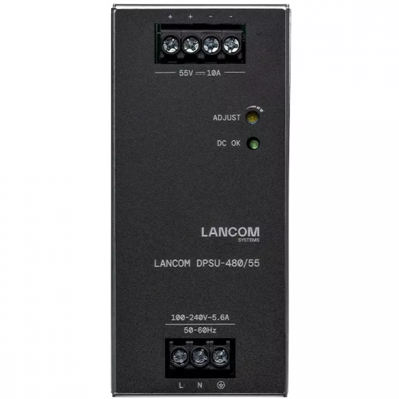 Maitinimo blokas LANCOM DPSU-480/55 — 480 W, AC 100–240 V, TS35 DIN, juodas/plienas