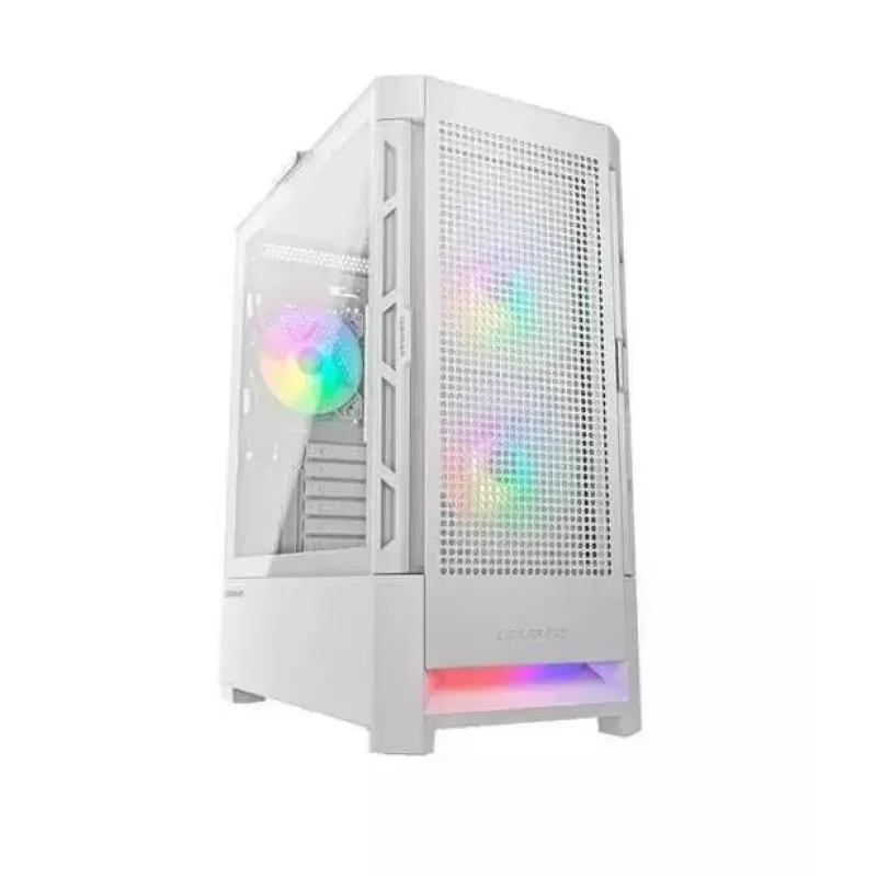 PC korpusas Cougar Airface RGB Midi Tower Baltas — 230×386×491 mm, palaiko 3×120/140 mm priekyje, 1×120 mm gale, 2.5/3.5 colio diskus