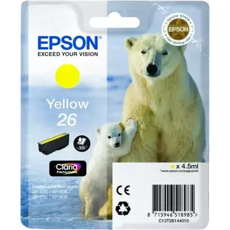Kasetė Epson C13T26144010 Viena spalva Geltona 26 Claria Premium, pigmentinė, 1 vnt.