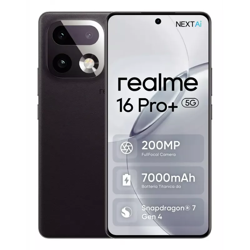 Išmanusis telefonas REALME realme 16 Pro+ — 6,8 colio (17,3 cm) 1280×2800, Snapdragon 7 Gen 4, 12 GB RAM, 512 GB, 200 MP triguba kamera, 7000 mAh, pilka
