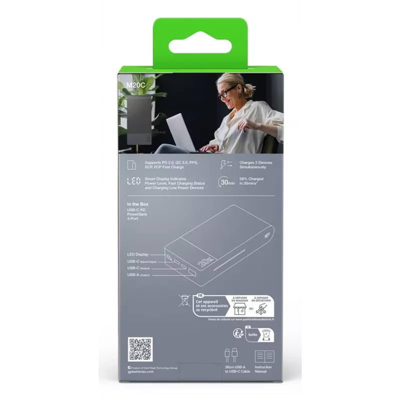 GP PowerBank M2+ 20C 20000mAh 2xUSB-C/1xUSB-A juodas LED indikatorius (GPPBM20CGYMSR287)