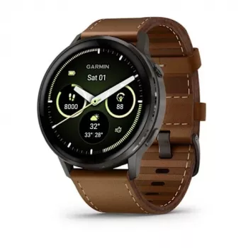 Išmanusis laikrodis GARMIN Venu 4 45 mm (1,4 colio) AMOLED 454×454 px, Wi‑Fi, GPS, 8 GB, juodas korpusas, ruda odinė juosta