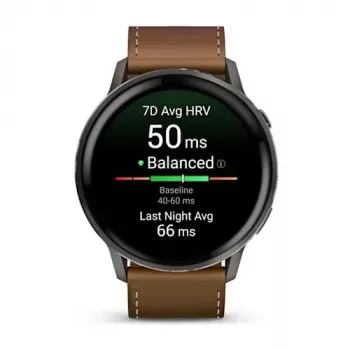 Išmanusis laikrodis GARMIN Venu 4 45 mm (1,4 colio) AMOLED 454×454 px, Wi‑Fi, GPS, 8 GB, juodas korpusas, ruda odinė juosta