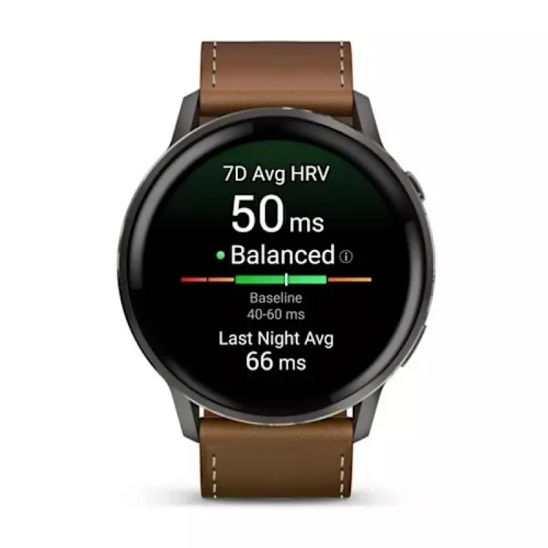 Išmanusis laikrodis GARMIN Venu 4 45 mm (1,4 colio) AMOLED 454×454 px, Wi‑Fi, GPS, 8 GB, juodas korpusas, ruda odinė juosta