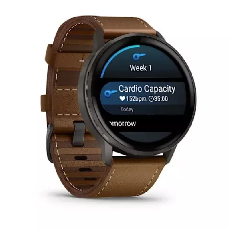 Išmanusis laikrodis GARMIN Venu 4 45 mm (1,4 colio) AMOLED 454×454 px, Wi‑Fi, GPS, 8 GB, juodas korpusas, ruda odinė juosta
