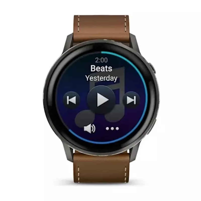 Išmanusis laikrodis GARMIN Venu 4 45 mm (1,4 colio) AMOLED 454×454 px, Wi‑Fi, GPS, 8 GB, juodas korpusas, ruda odinė juosta