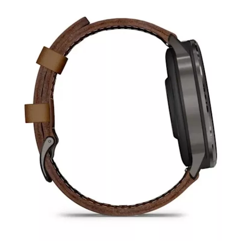 Išmanusis laikrodis GARMIN Venu 4 45 mm (1,4 colio) AMOLED 454×454 px, Wi‑Fi, GPS, 8 GB, juodas korpusas, ruda odinė juosta