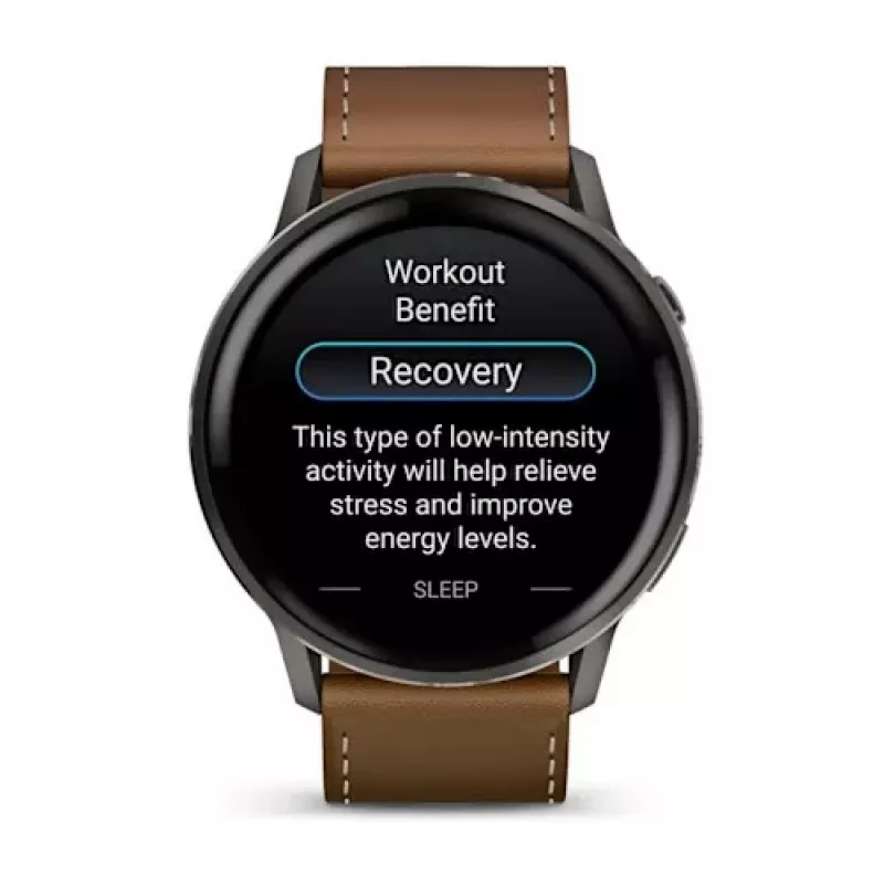 Išmanusis laikrodis GARMIN Venu 4 45 mm (1,4 colio) AMOLED 454×454 px, Wi‑Fi, GPS, 8 GB, juodas korpusas, ruda odinė juosta