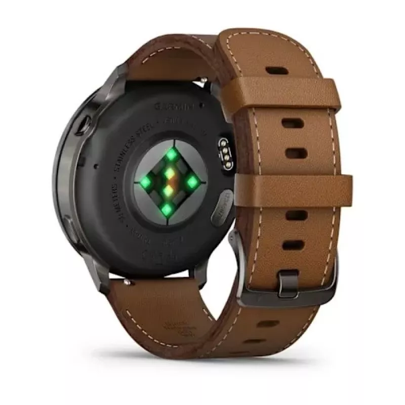 Išmanusis laikrodis GARMIN Venu 4 45 mm (1,4 colio) AMOLED 454×454 px, Wi‑Fi, GPS, 8 GB, juodas korpusas, ruda odinė juosta