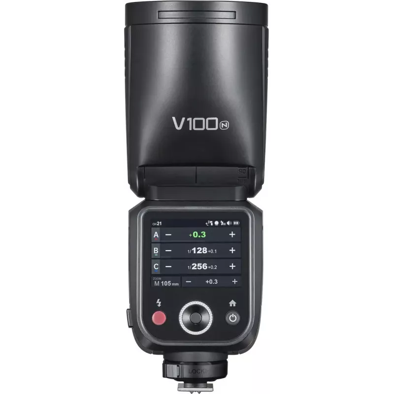 Blykstė Godox V100‑N Nikon – nešiojama TTL Li‑ion blykstė su nuimama galvute