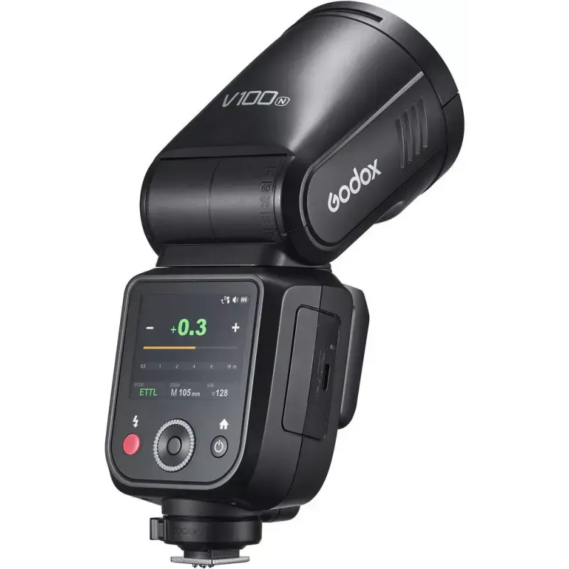 Blykstė Godox V100‑N Nikon – nešiojama TTL Li‑ion blykstė su nuimama galvute