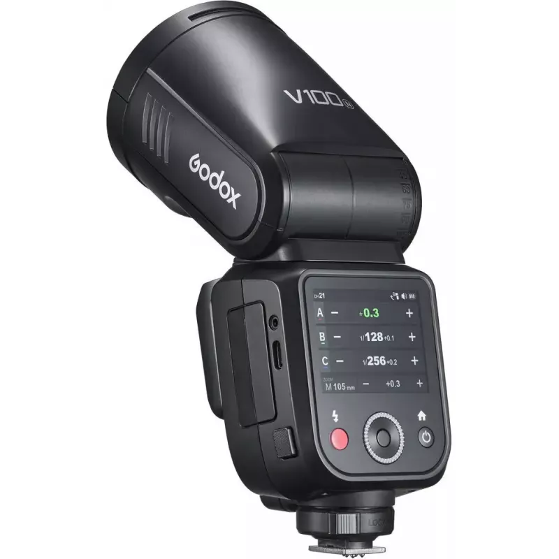 Blykstė Godox V100‑N Nikon – nešiojama TTL Li‑ion blykstė su nuimama galvute