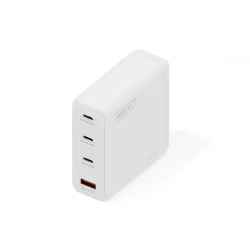 DIGITUS USB GaN įkroviklis 140W — 3× USB‑C, 1× USB‑A, 100–240V, baltas