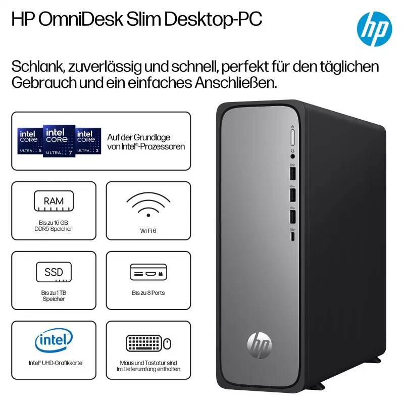 HP OmniDesk S03-0032ng - Lieknas stalinis kompiuteris - Core i3-14100 - 8 GB DDR5 - 256 GB SSD - Windows 11 Home