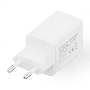 Sieninis įkroviklis DIGITUS USB GaN 45W – 1× USB-C, 1× USB-A, įėjimas 100–240V, baltas