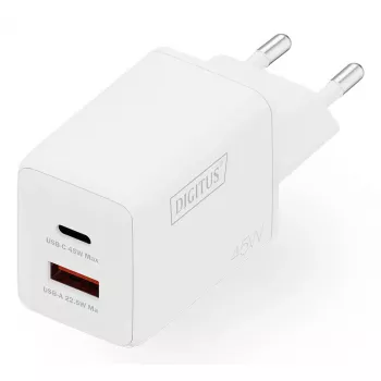 Sieninis įkroviklis DIGITUS USB GaN 45W – 1× USB-C, 1× USB-A, įėjimas 100–240V, baltas