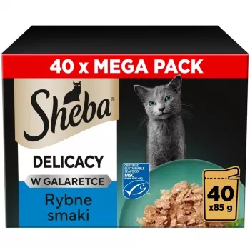 Šlapias kačių ėdalas Sheba Delicacy Žuvies skoniai drebučiuose, 40×85 g skardinės, suaugusioms katėms
