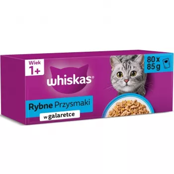 Šlapias kačių maistas maišeliuose Whiskas Žuvies skanėstai želė 80 x 85 g