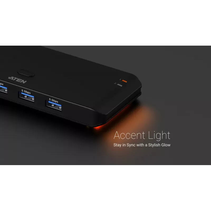 USB 3.2 Gen1 2x4 dalijimosi jungiklis ATEN US5324 su A ir C pagrindiniais prievadais bei 4 įrenginių prievadais