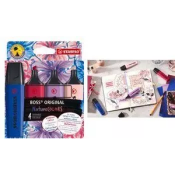 Stabilo BOSS Nature Colors Wildflower edition žymekliai, 4 vnt., kaltinis antgalis 2–5 mm, ilgalaikis atsparumas džiūvimui