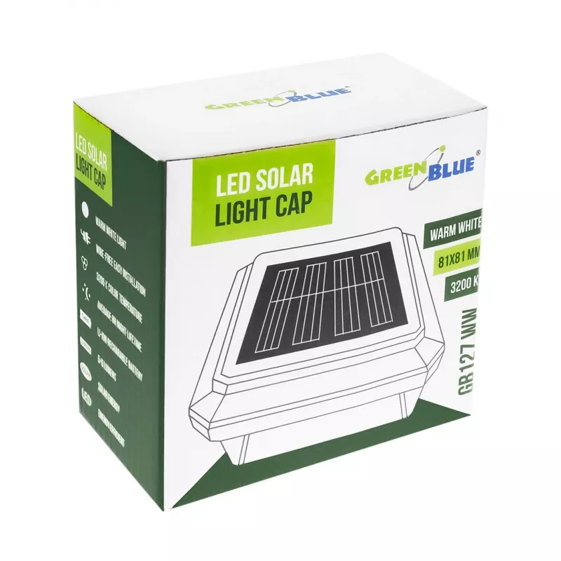 Saulės LED stulpinis šviestuvas GreenBlue GB127 WW – neutrali balta 3200K, 80×80 mm voko formos gaubtas, NiMH baterija