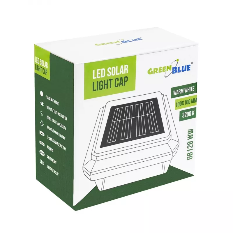 Saulės energijos LED stulpinis šviestuvas GreenBlue GB128 WW, 3200K neutrali balta, vokinis gaubtas, 100x100mm, juodas