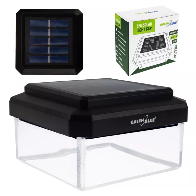 Saulės energijos LED stulpinis šviestuvas GreenBlue GB128 WW, 3200K neutrali balta, vokinis gaubtas, 100x100mm, juodas