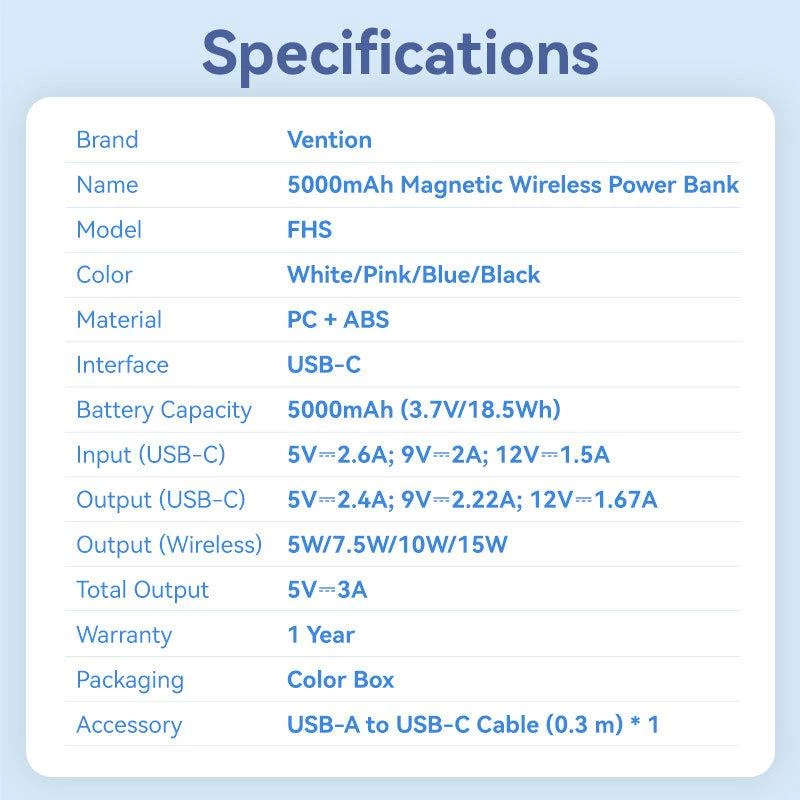 Power Bank Wrl 5000 mAh 20 W Magnetinis Juodas FHSB0 Vention
