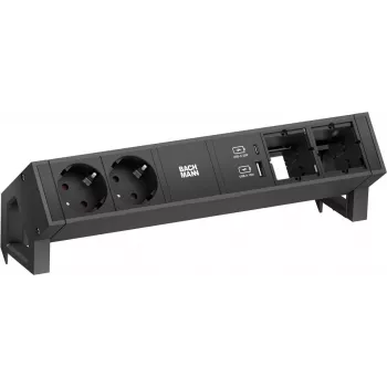 Maitinimo modulis Bachmann DESK2 su 2x CEE7/3 kištukiniais lizdais, 2x kompiuterių prievadais, 2x USB įkrovikliu 22W, juodas, 0,2m GST
